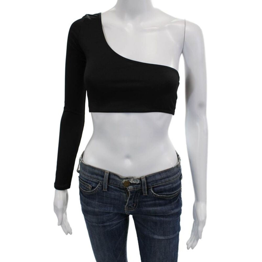 OW INTIMATES Women Cropped One-Shoulder Long Sleeve Top Black Size S